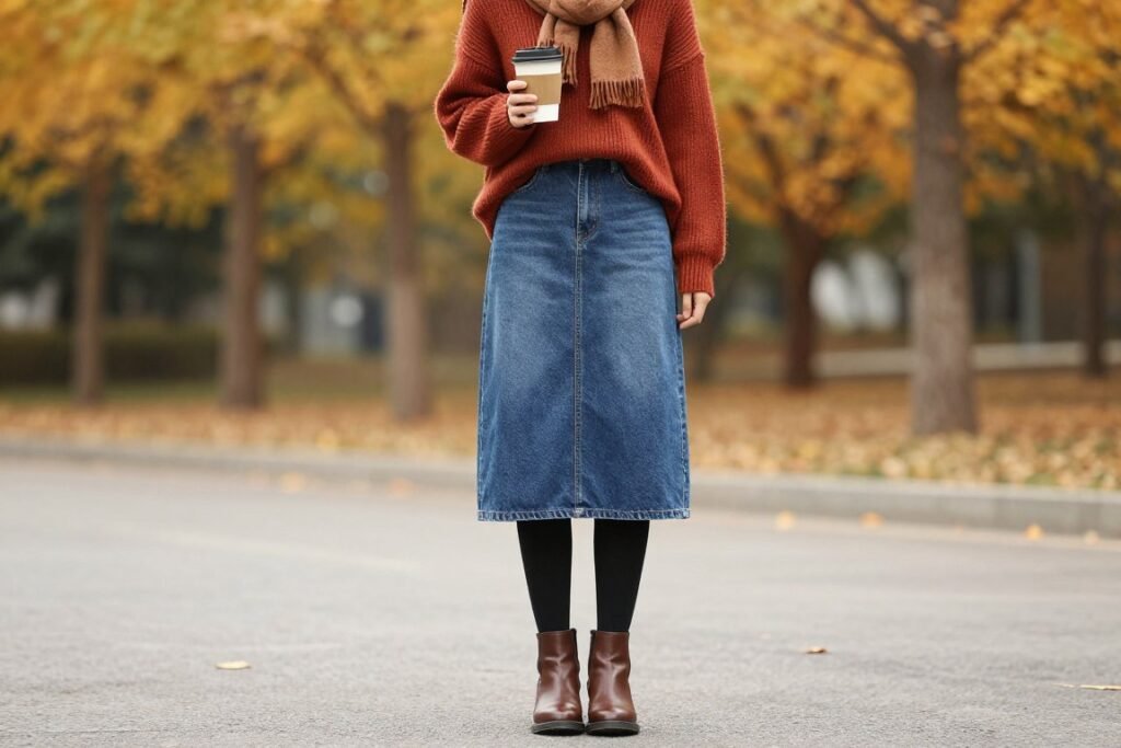 Woman wearing blue jean skirt with oversized sweater, tights and ankle boots for fall outfit