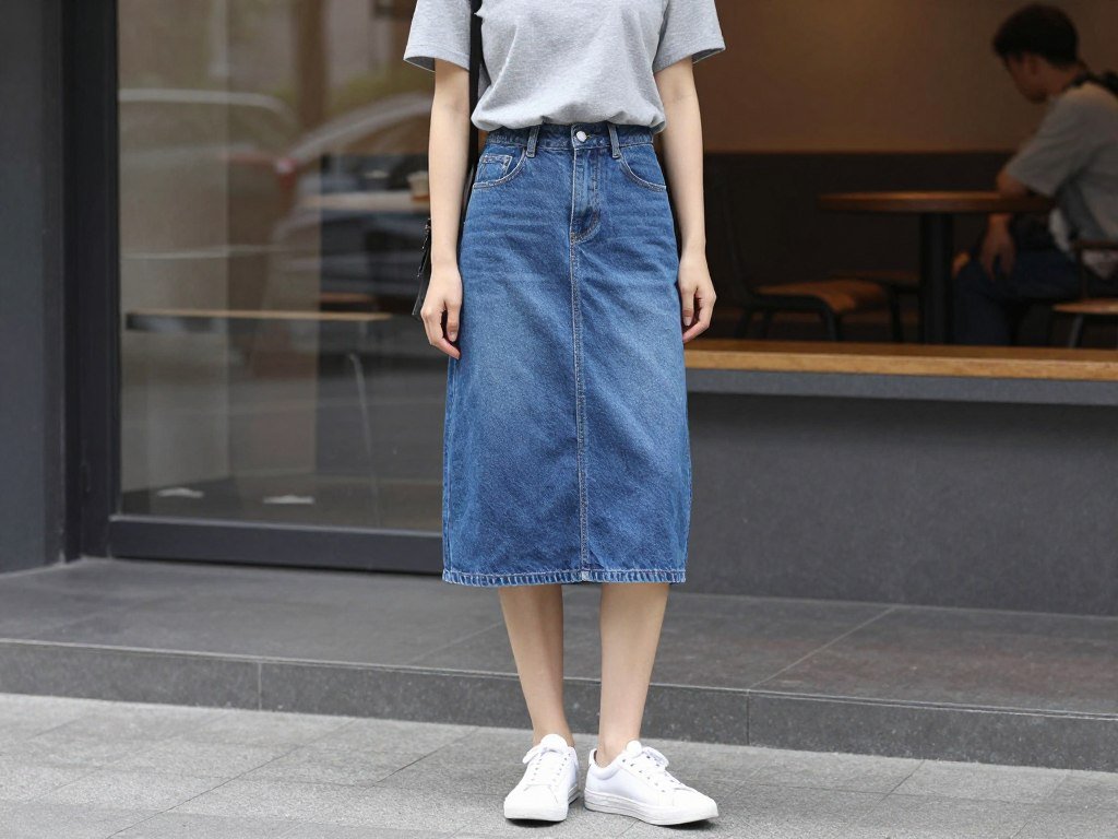 Woman wearing blue jean skirt with simple t-shirt and sneakers for everyday casual look