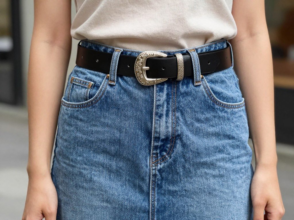 Woman wearing blue jean skirt with statement belt that defines the waist