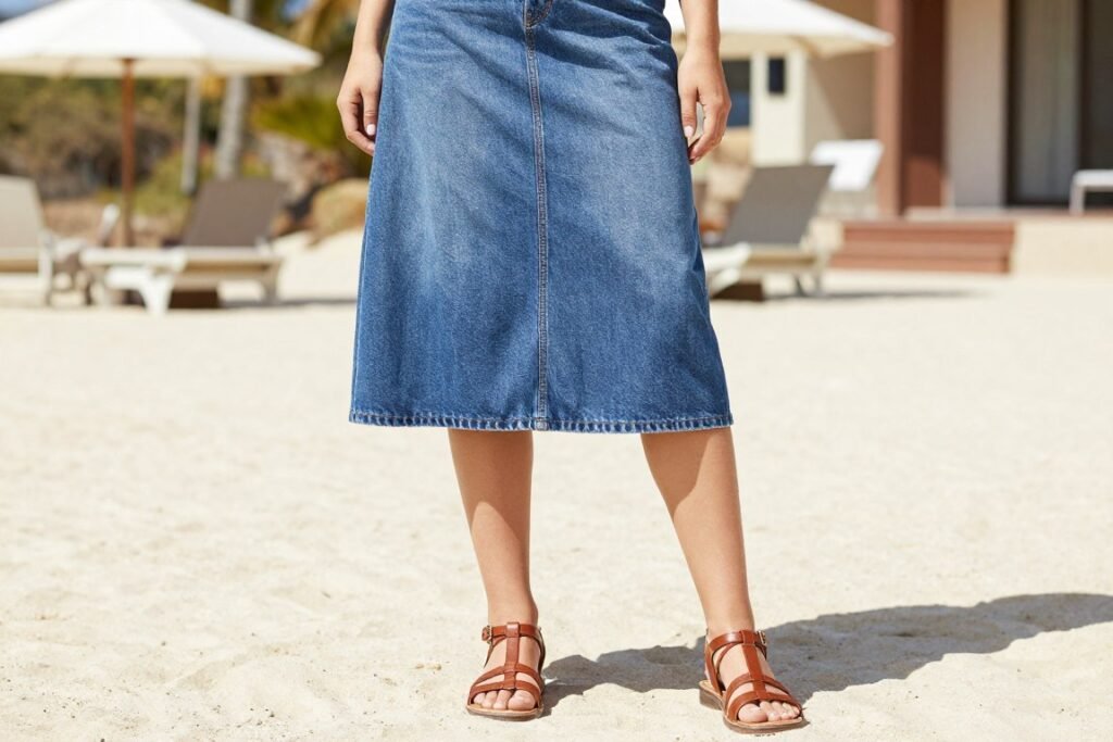 Woman wearing blue jean skirt with strappy sandals for summer outfit