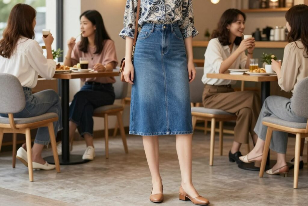 Woman wearing blue jean skirt with stylish blouse and low heels for weekend brunch look
