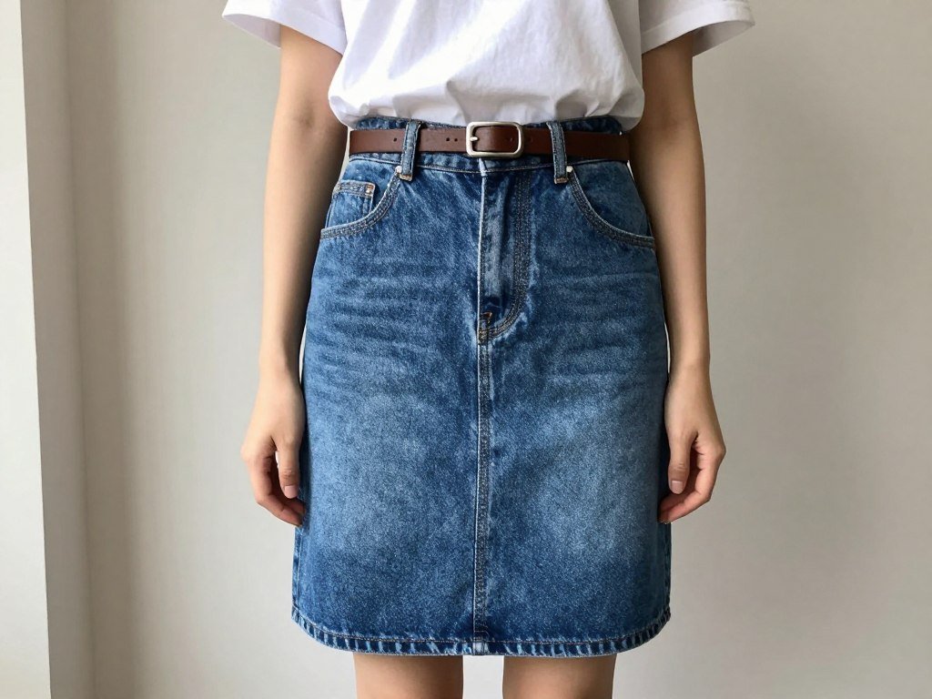 Woman wearing blue jean skirt with tucked-in white t-shirt and belt for classic casual look