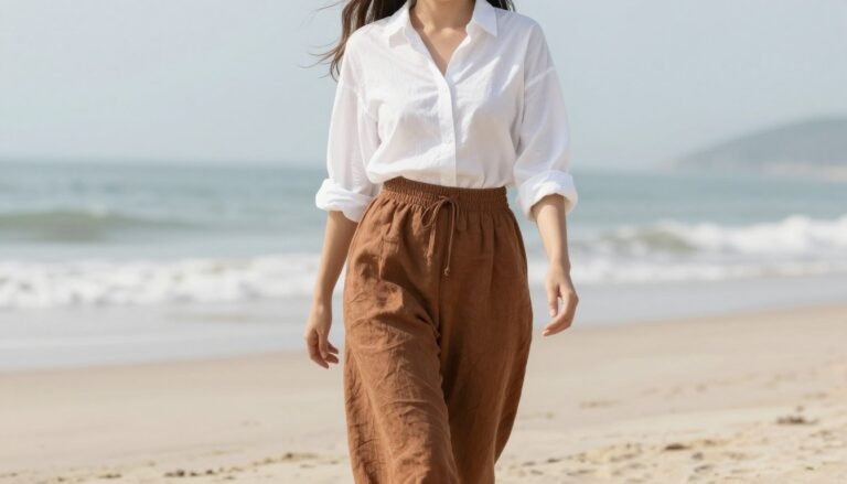 Woman wearing brown linen pants with a white blouse walking on a beach