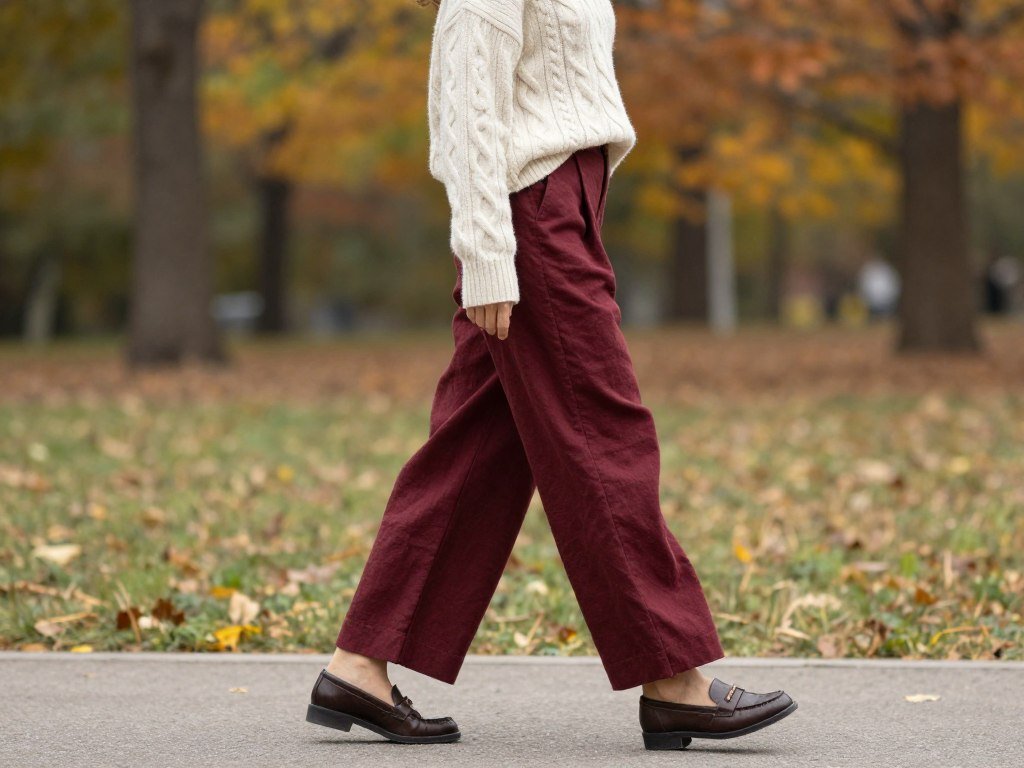 Woman wearing burgundy linen pants with a cream sweater in a fall setting