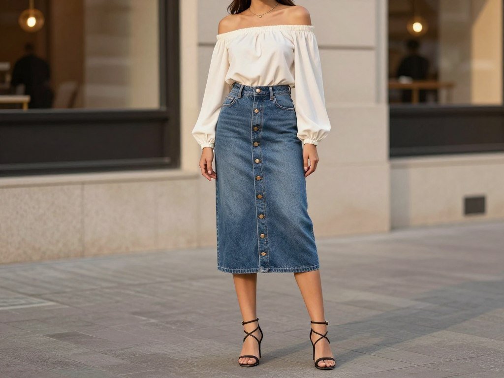 Woman wearing button-front denim midi skirt with off-shoulder top and strappy heels