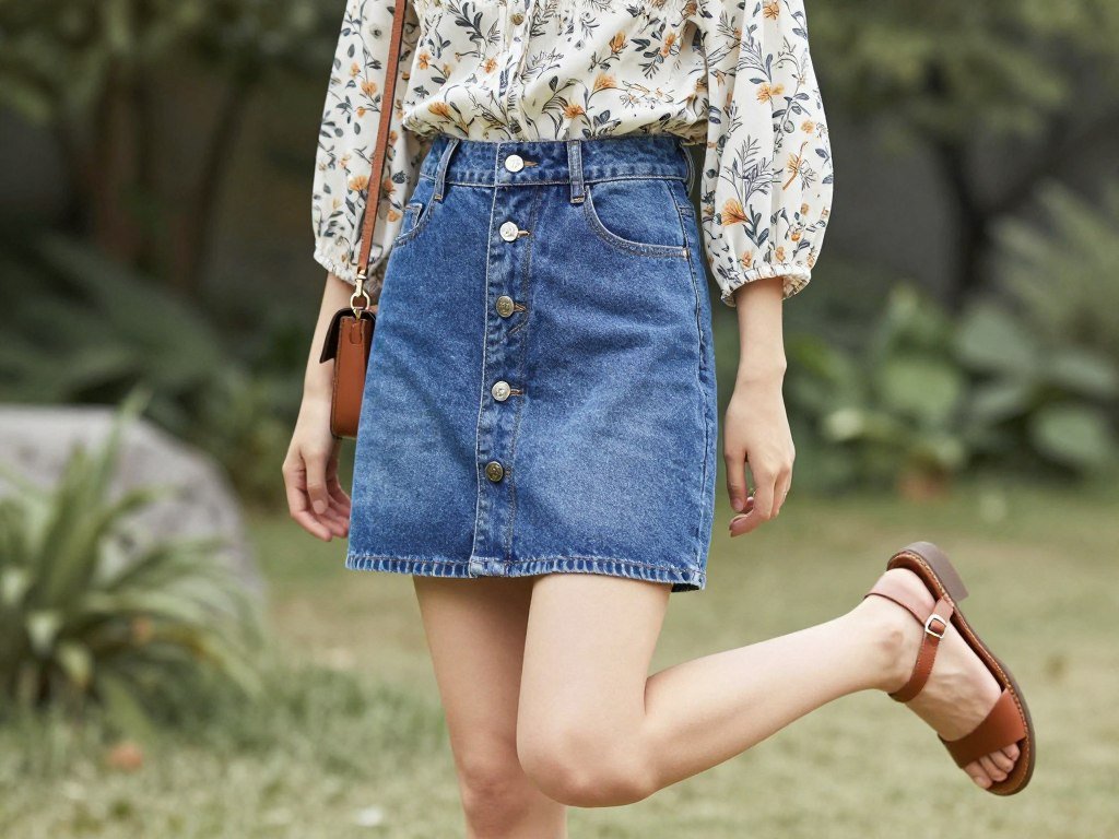 Woman wearing button-front denim mini skirt with tucked blouse and sandals