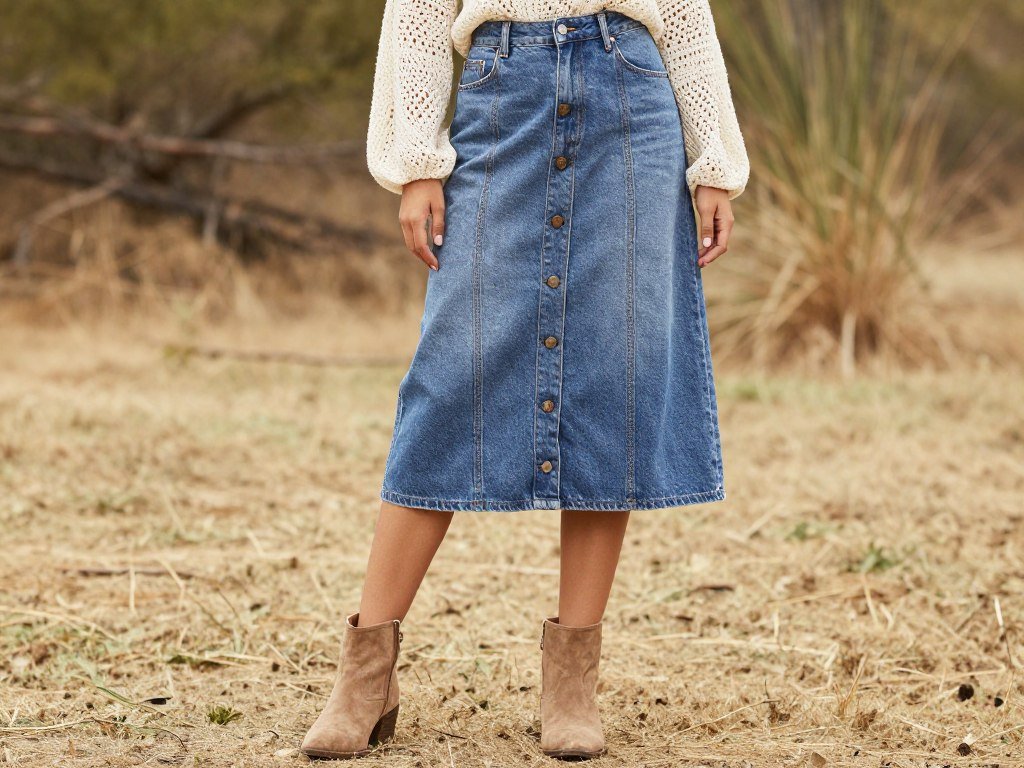 Woman wearing button-front denim skirt with crochet top and ankle boots