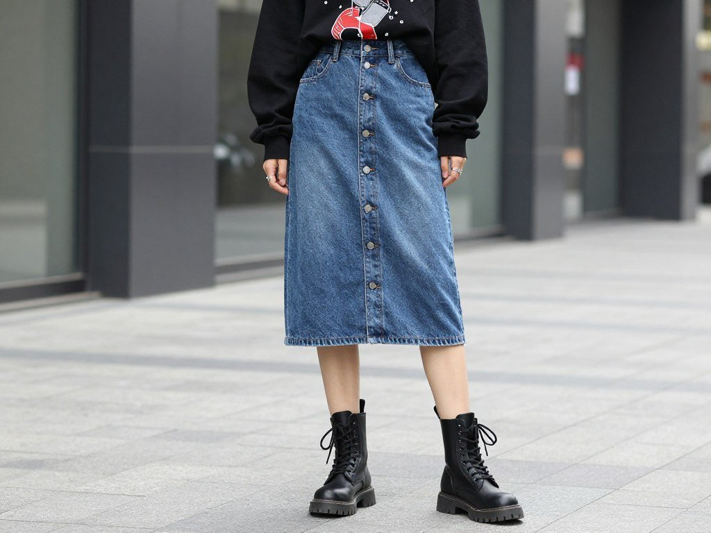 Woman wearing button-front denim skirt with graphic hoodie and combat boots