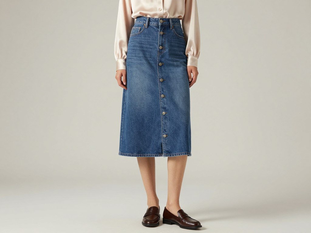 Woman wearing button-front denim skirt with silk blouse and loafers