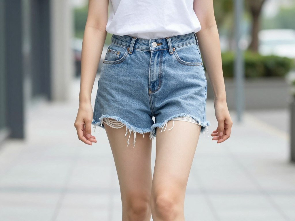Woman wearing casual denim shorts paired with a simple t-shirt for a classic summer look