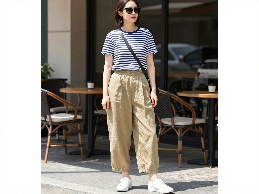 Woman wearing casual linen pants with striped t-shirt for weekend linen pants outfit summer look