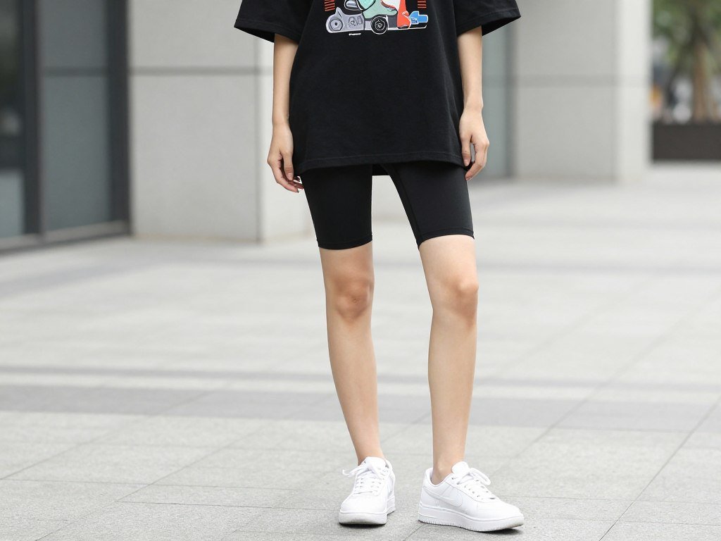 Woman wearing casual summer outfit with bike shorts and oversized graphic tee