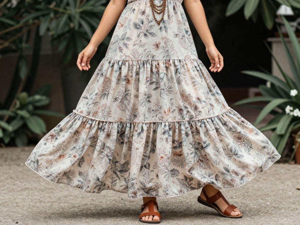 Woman wearing casual summer outfit with bohemian maxi dress in garden setting