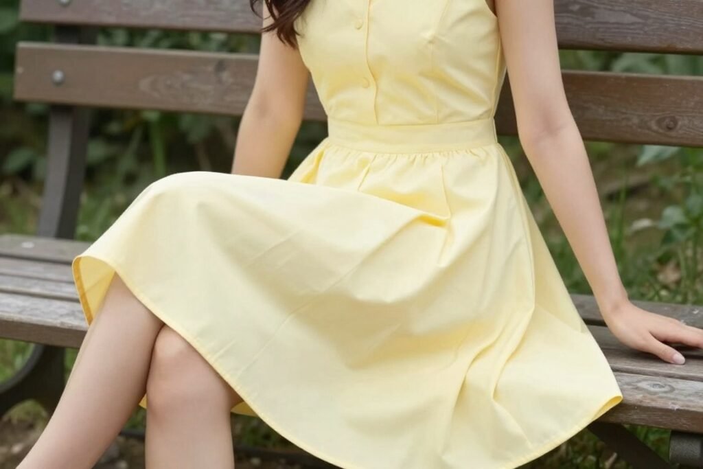 Woman wearing casual summer outfit with classic sundress in garden setting