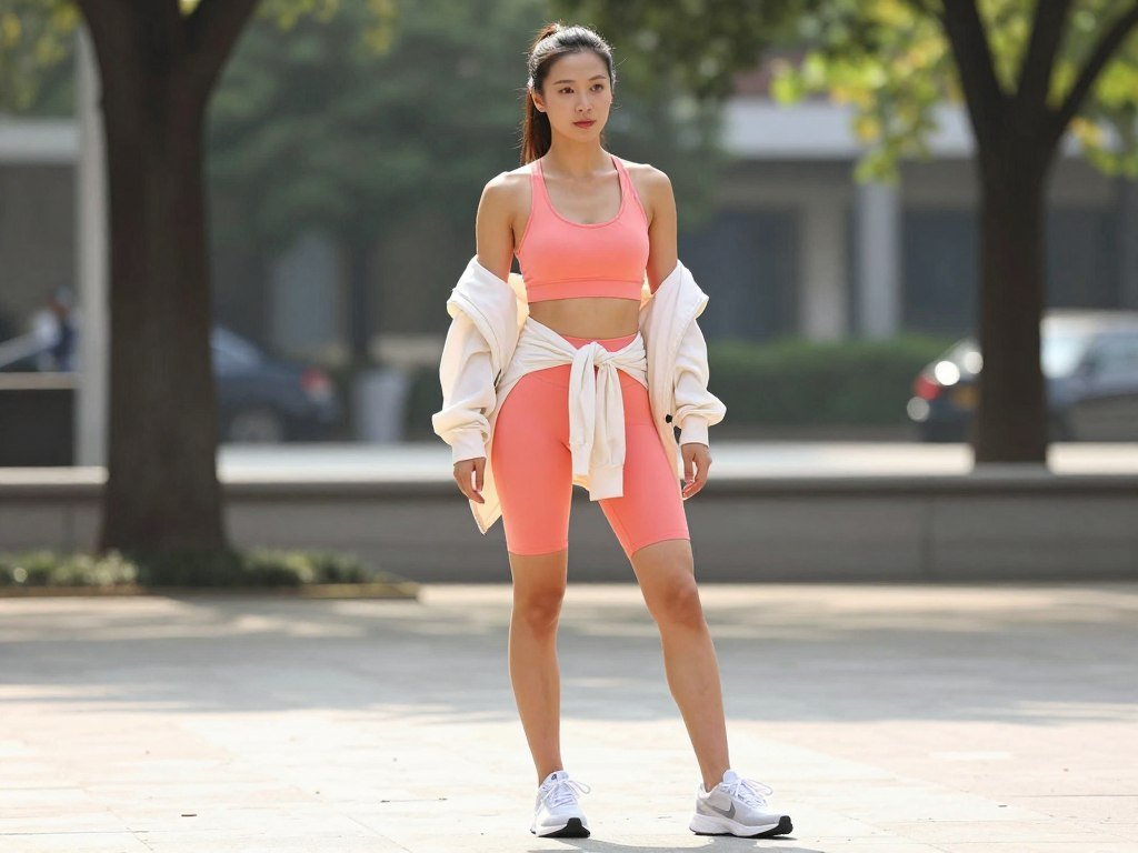 Woman wearing casual summer outfit with matching athletic set in bright color