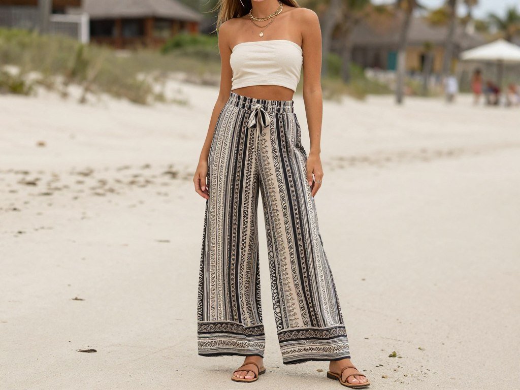 Woman wearing casual summer outfit with printed wide-leg pants and simple crop top