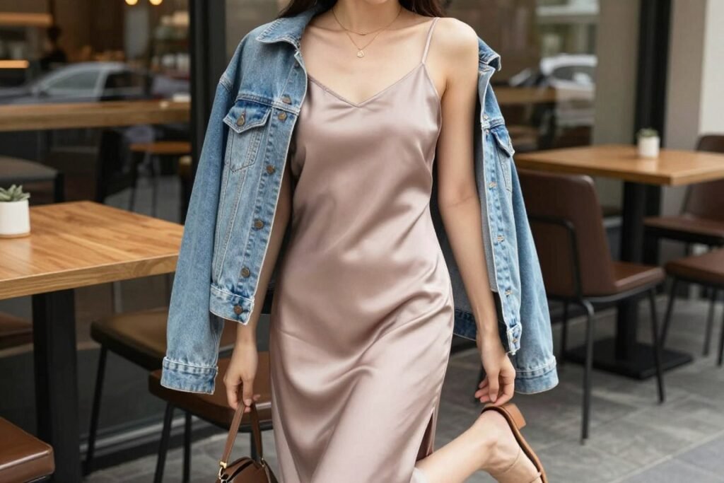 Woman wearing casual summer outfit with silk slip dress and denim jacket