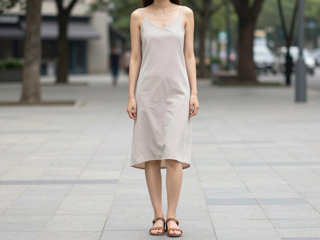 Woman wearing casual summer outfit with simple slip dress and minimal accessories