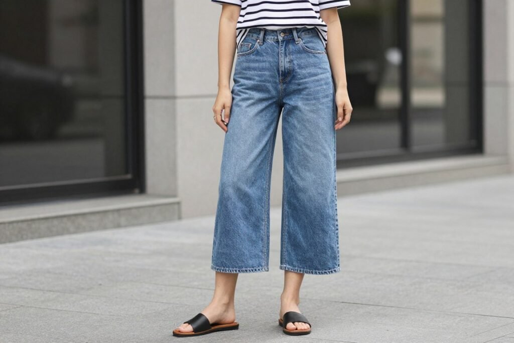 Woman wearing casual summer outfit with wide-leg cropped jeans and striped tee