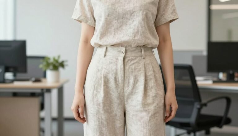 Woman wearing casual summer work outfit made of linen fabric in neutral tones