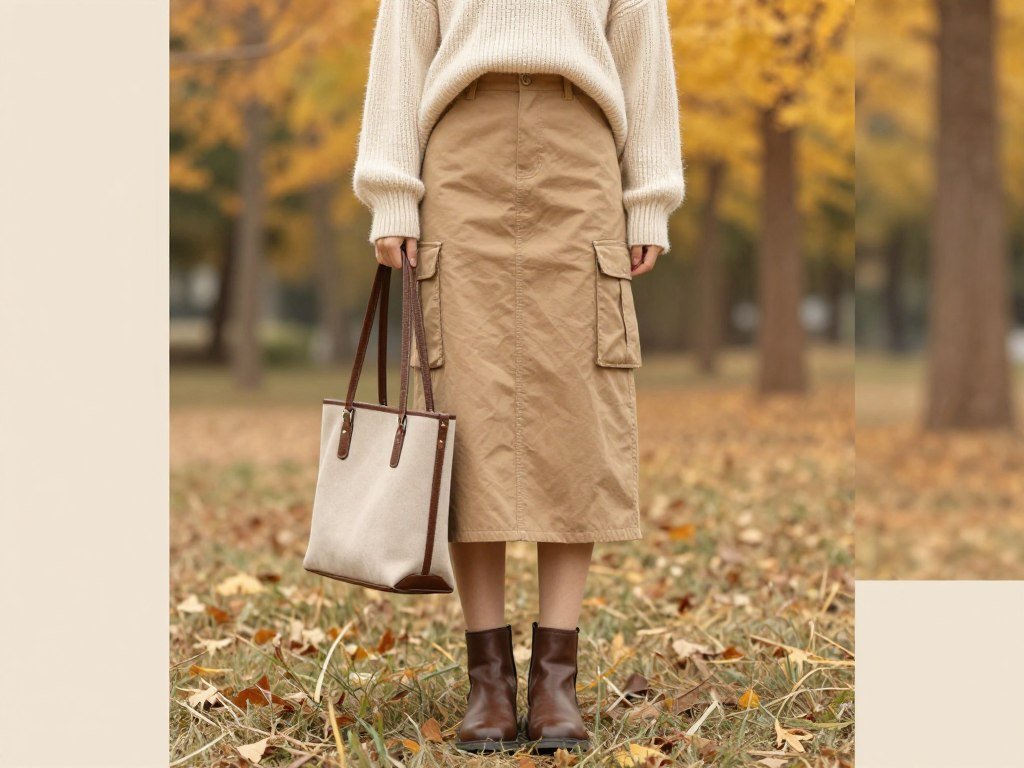 Woman wearing chunky cream sweater with tan cargo midi skirt and ankle boots for fall