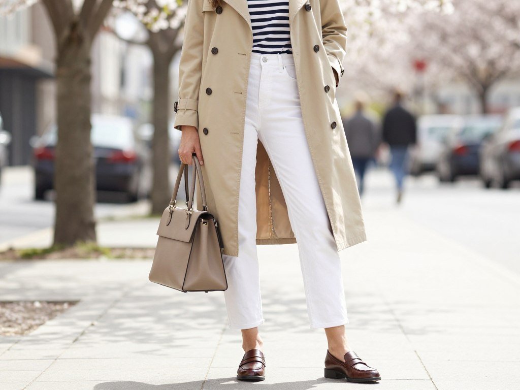 Woman wearing classic trench coat over white jeans and striped top for spring