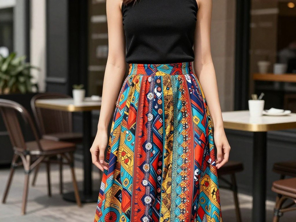 Woman wearing colorful printed maxi skirt with simple black top for bold summer look