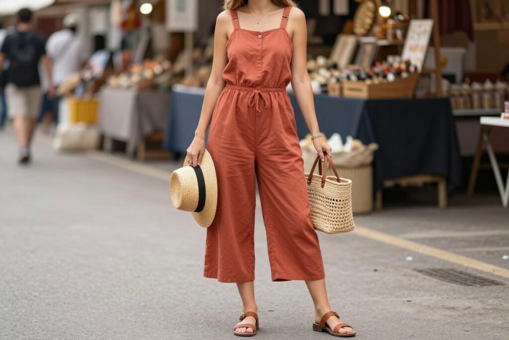 Woman wearing comfy casual summer outfit with cotton jumpsuit