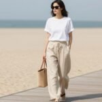 Woman wearing comfy casual summer outfit with linen pants and cotton top
