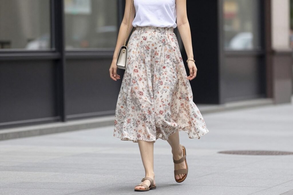 Woman wearing comfy casual summer outfit with midi skirt and tank top