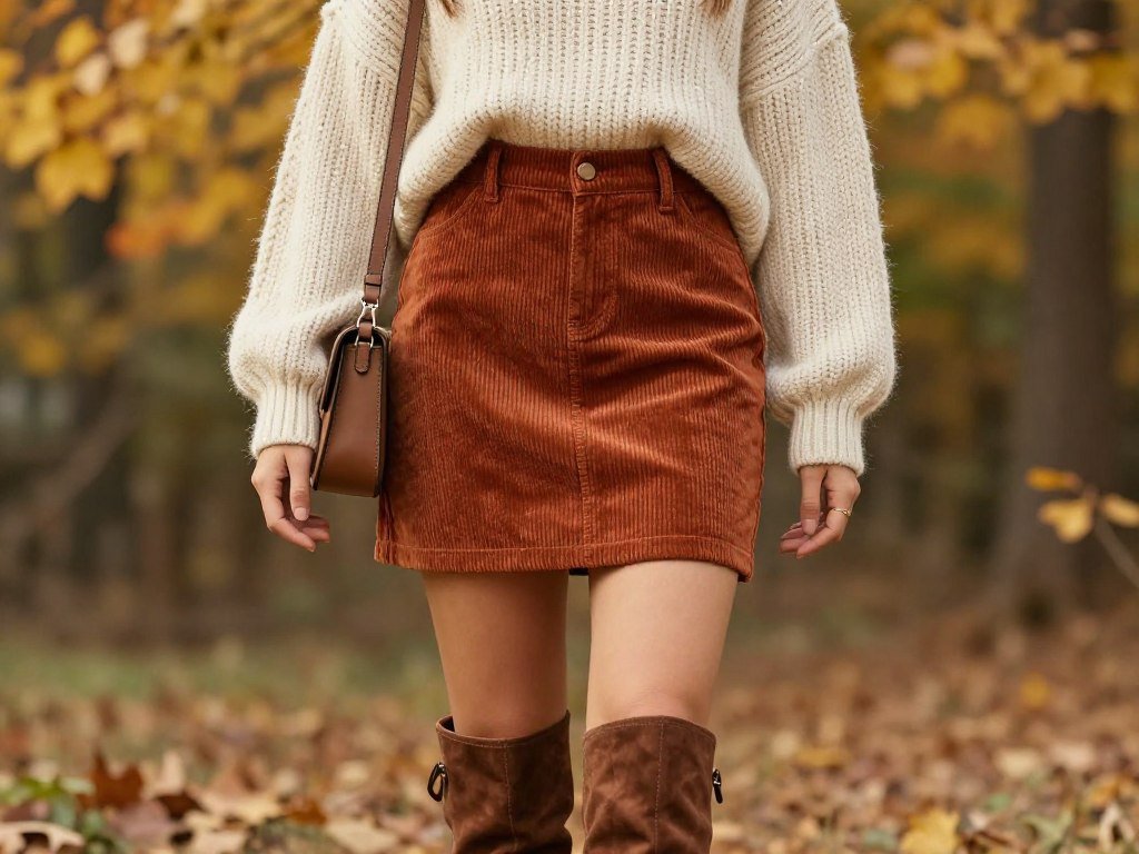 Woman wearing corduroy mini skirt with chunky knit sweater for a fall mini skirt outfit