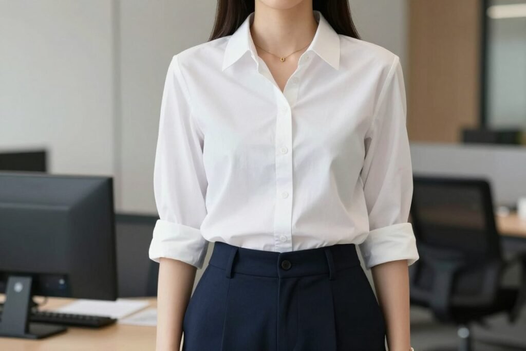 Woman wearing cotton poplin button-down shirt as part of summer work outfit for office