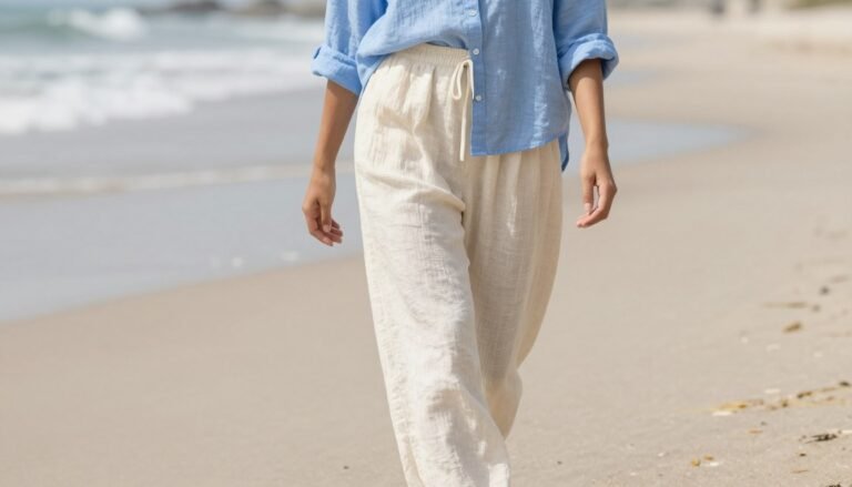 Woman wearing cream linen pants with a blue linen shirt walking on a beach