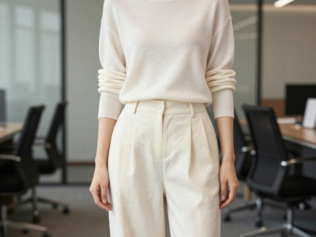 Woman wearing cream linen pants with monochromatic cream sweater in office