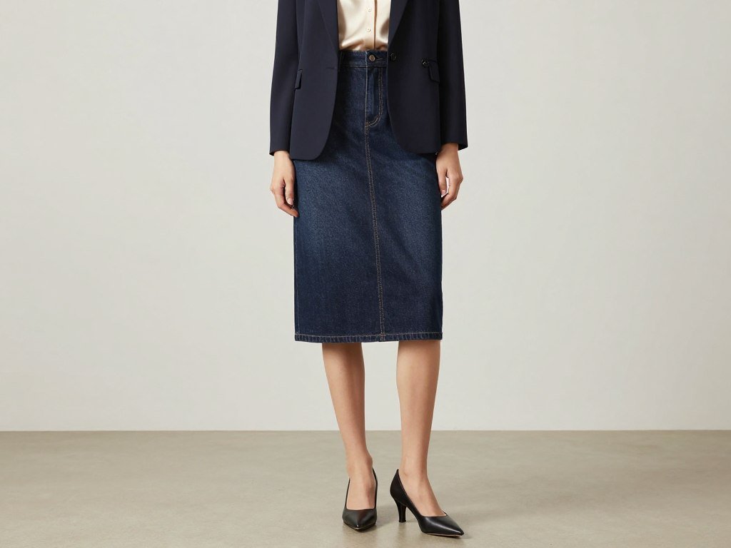 Woman wearing dark wash denim midi skirt with tailored blazer and pumps