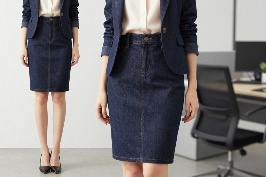 Woman wearing dark wash denim pencil skirt with a tailored blazer and pumps