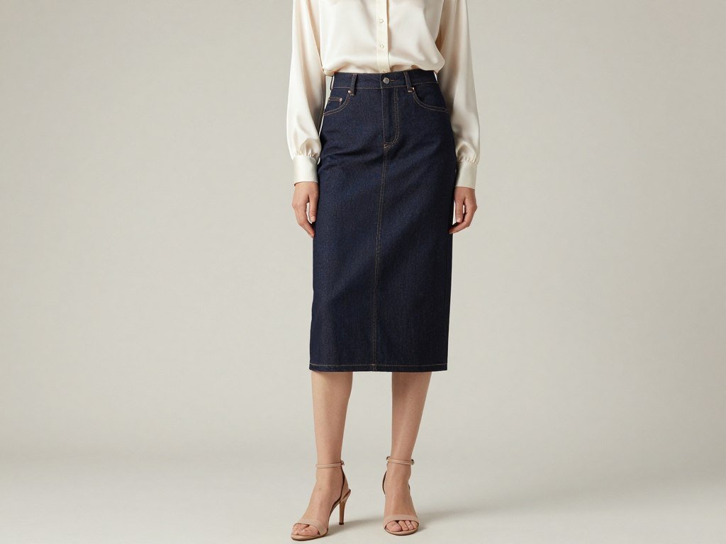 Woman wearing dark wash denim pencil skirt with silk blouse and heels