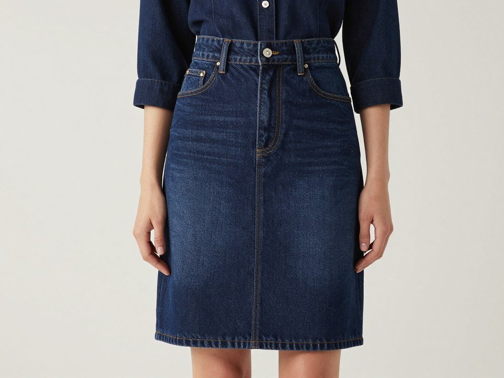 Woman wearing dark wash denim skirt in a polished, dressy outfit