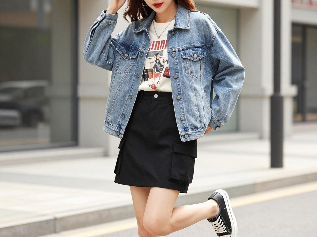 Woman wearing denim jacket with black cargo mini skirt and platform sneakers