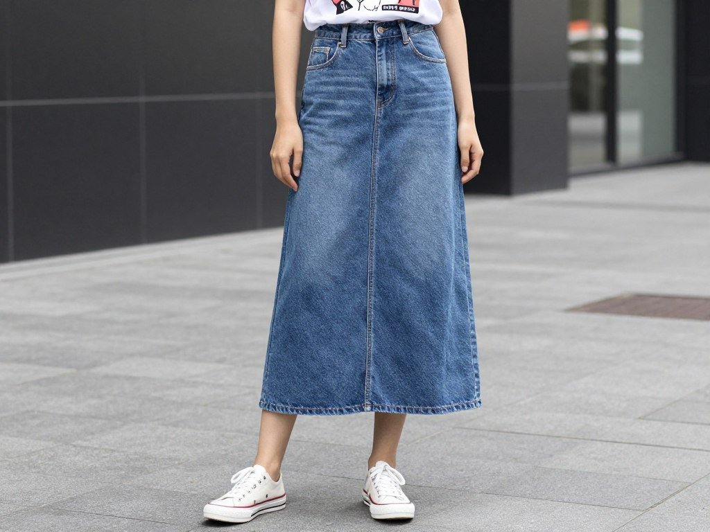Woman wearing denim maxi skirt with a graphic tee and canvas sneakers