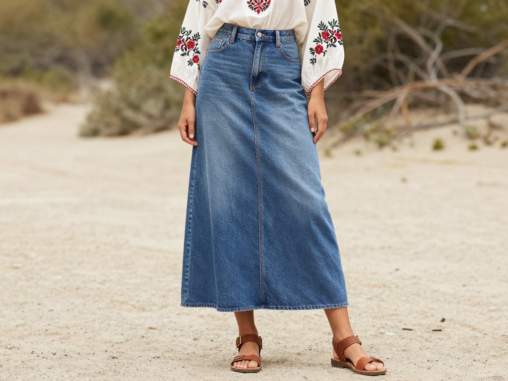 Woman wearing denim maxi skirt with flowy bohemian blouse and sandals