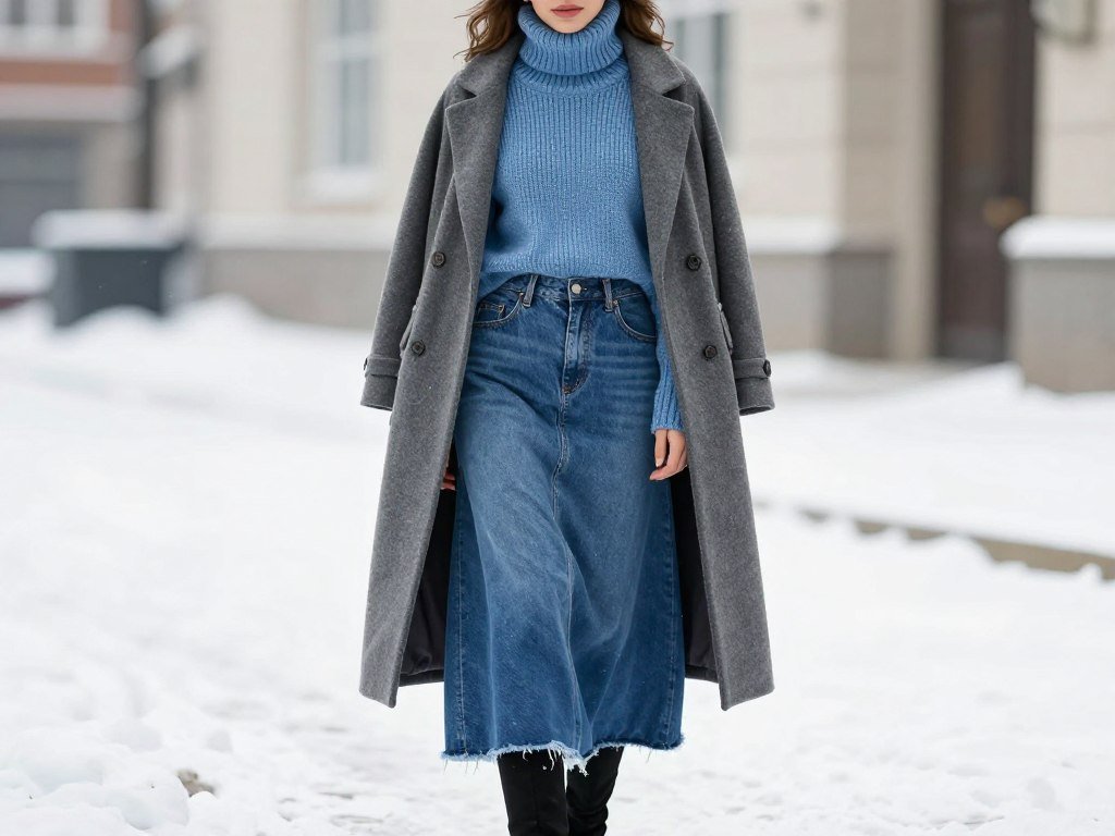 Woman wearing denim maxi skirt with sweater, coat and knee-high boots for winter