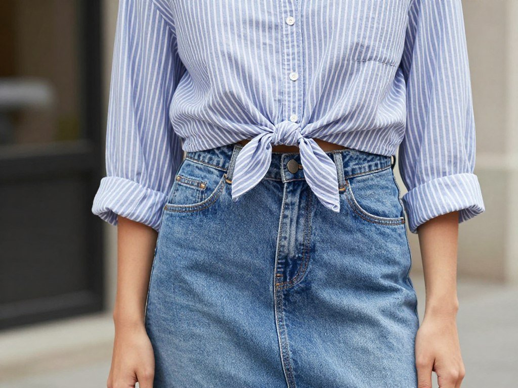 Woman wearing denim midi skirt with a striped button-up shirt tied at the waist