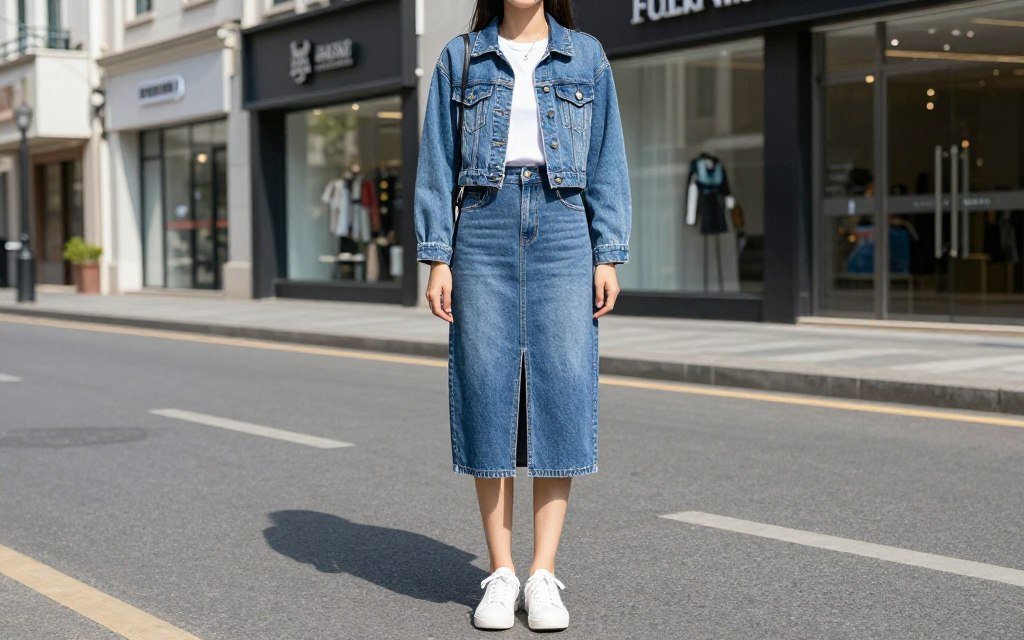 Woman wearing denim midi skirt with matching denim jacket and white t-shirt for summer double denim outfit