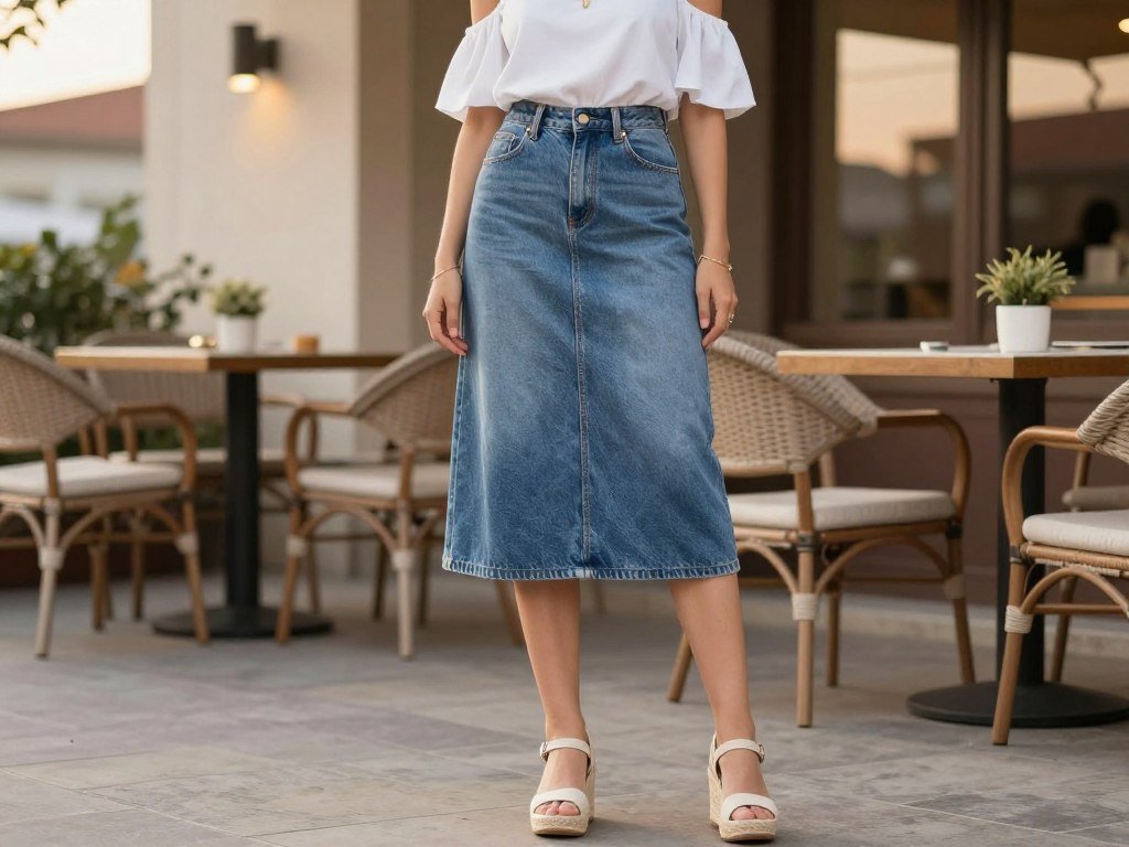 Woman wearing denim midi skirt with off-shoulder top and espadrilles - summer evening denim midi skirt outfit