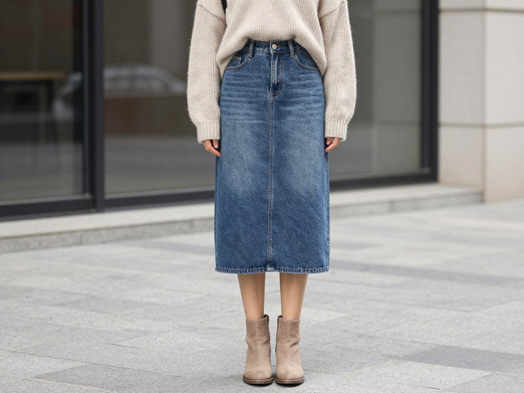 Woman wearing denim midi skirt with oversized sweater and ankle boots