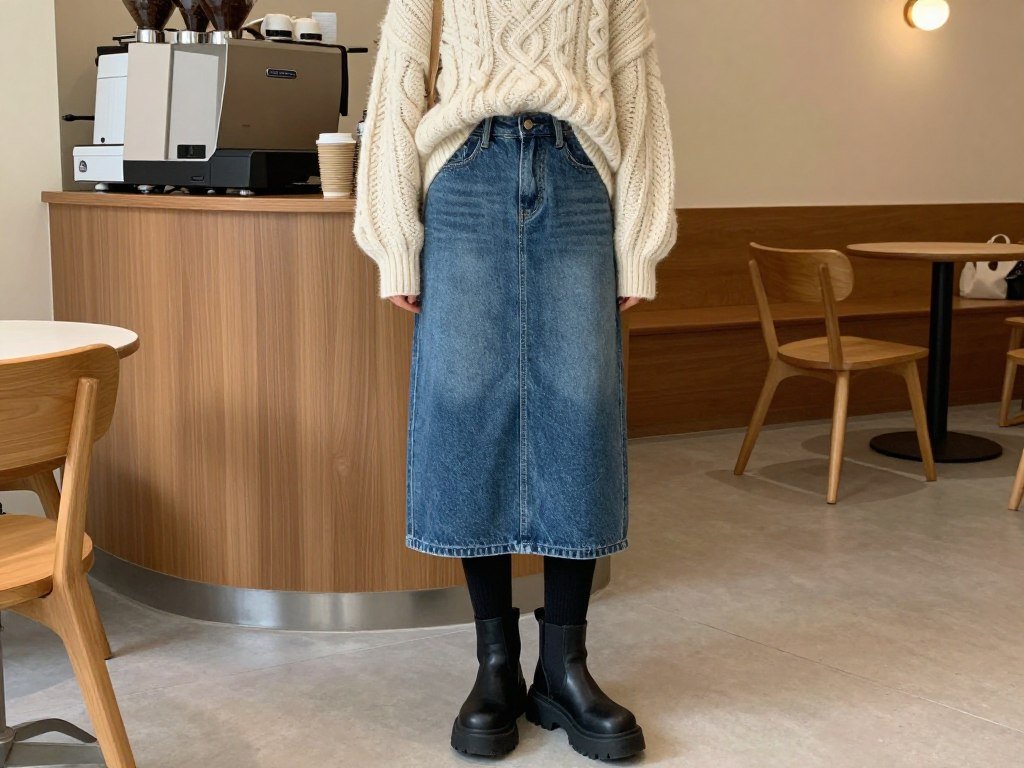 Woman wearing denim midi skirt with oversized sweater and chunky boots - casual winter denim midi skirt outfit