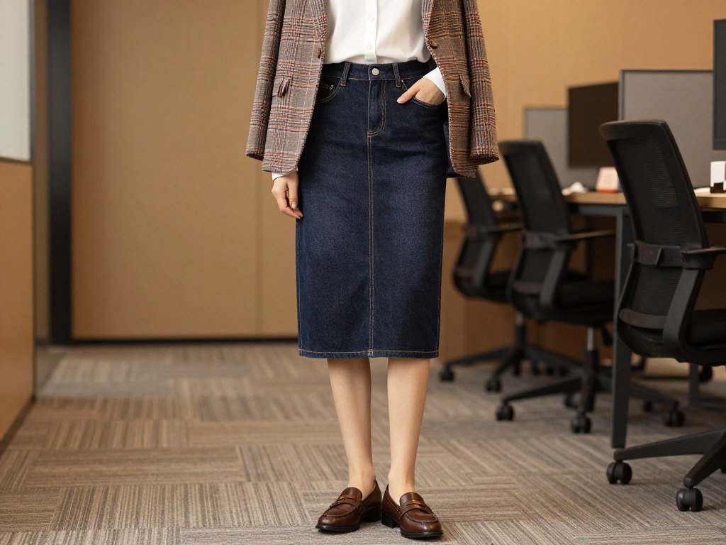 Woman wearing denim midi skirt with plaid blazer and loafers - fall work denim midi skirt outfit