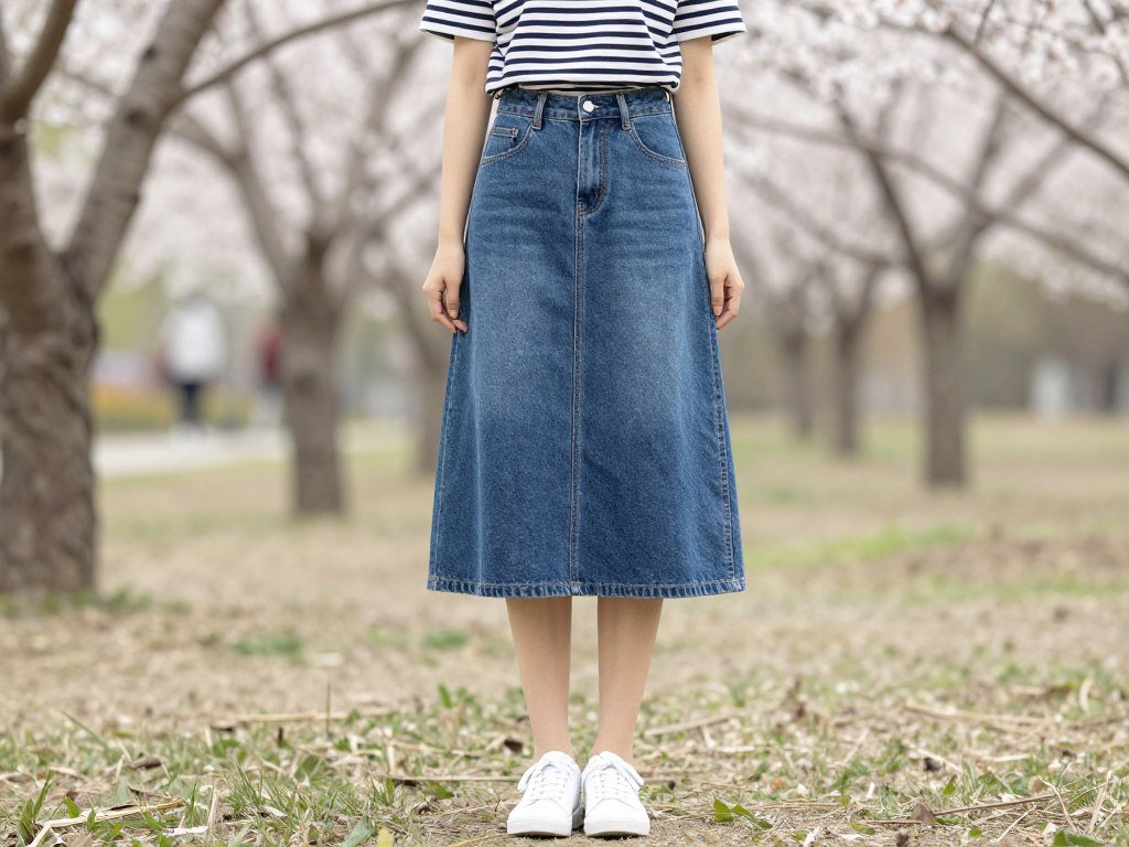Woman wearing denim midi skirt with striped t-shirt and white sneakers - casual spring denim midi skirt outfit