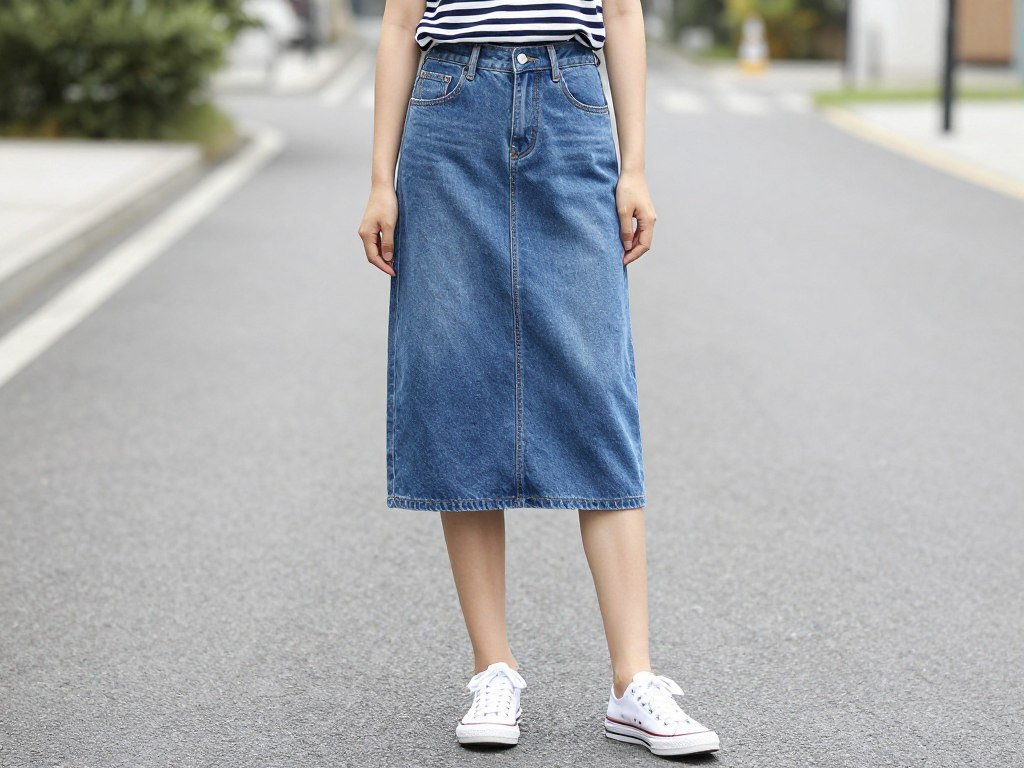 Woman wearing denim midi skirt with striped tee and canvas sneakers